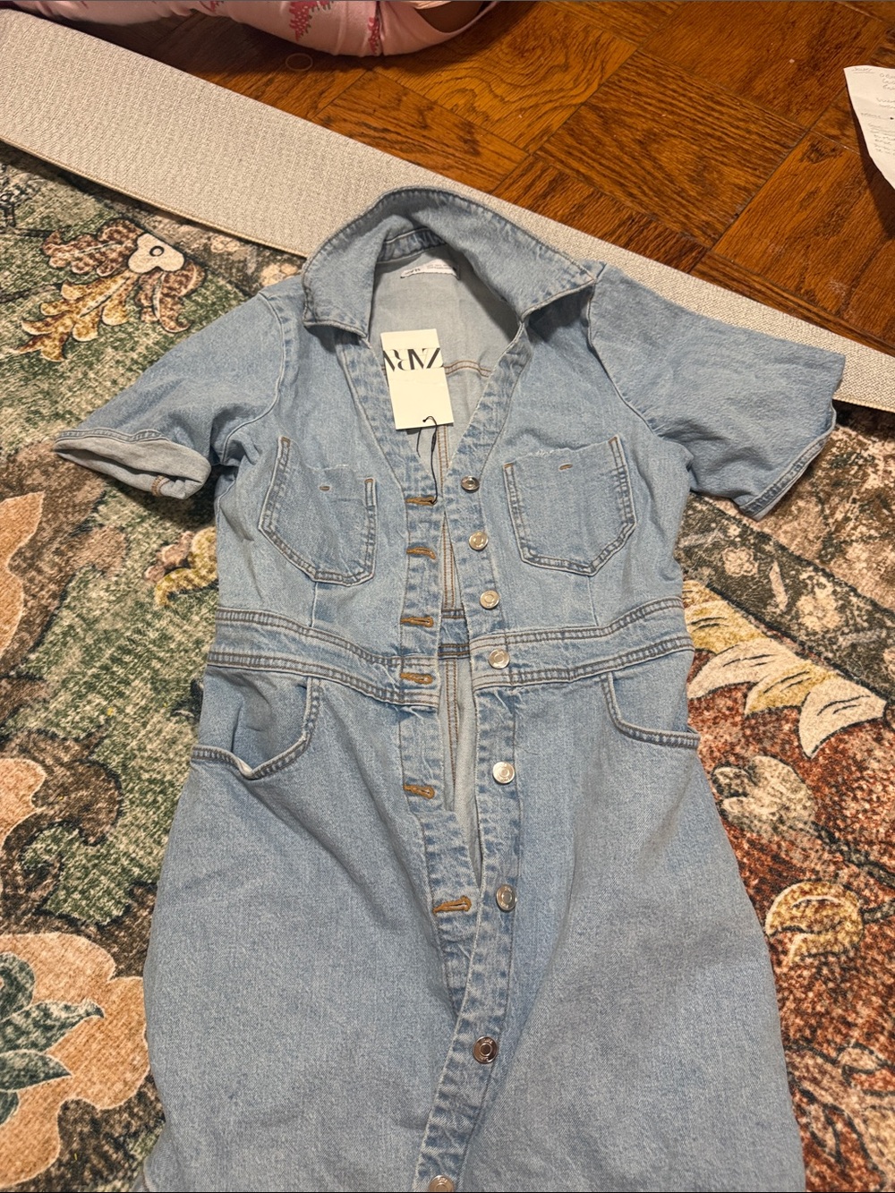 Zara Light Blue Short-Sleeve Denim Button-Down Dress
